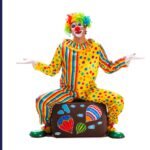 Is it safe? An unsure clown sitting on a suitcase